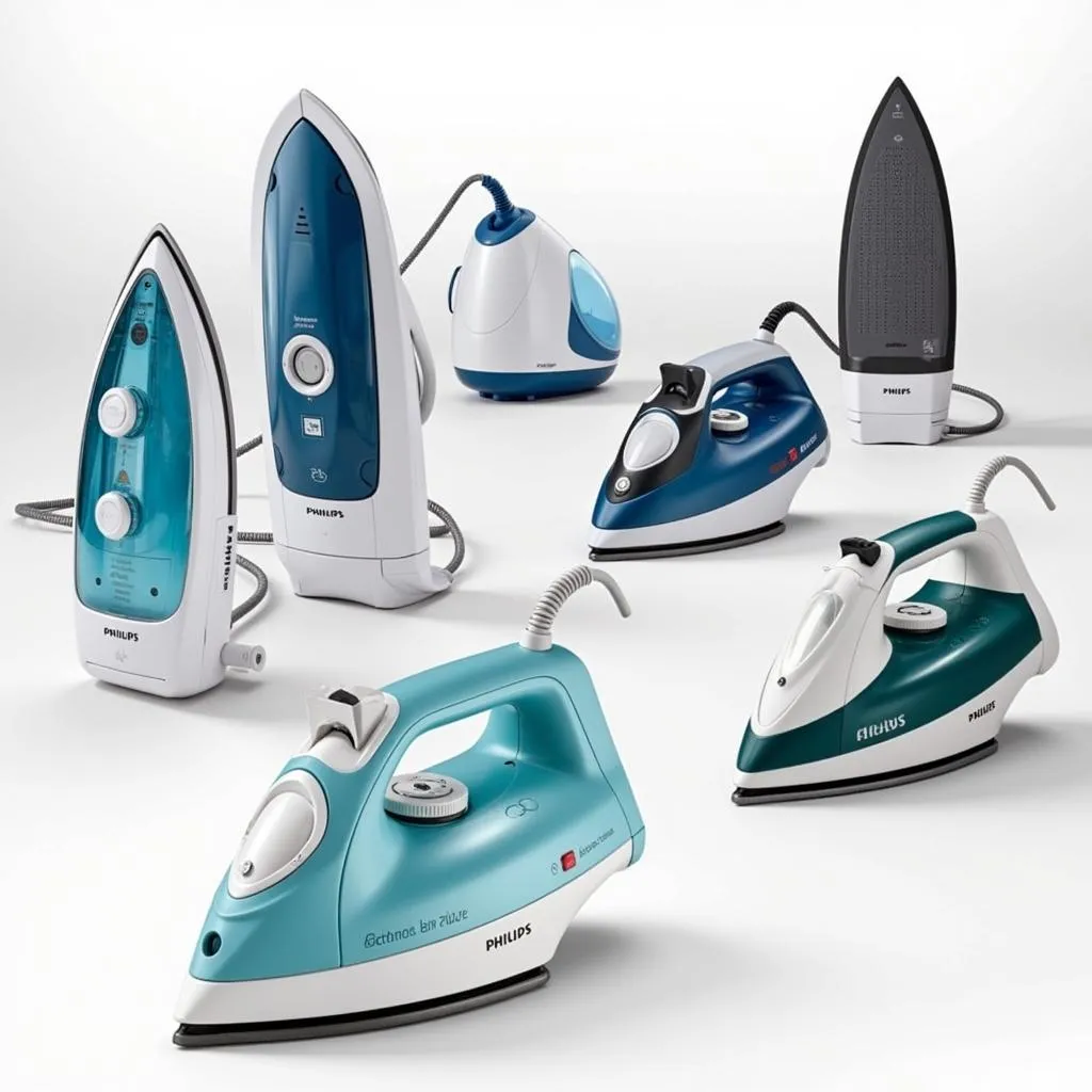 Various Philips garment steamer models on display