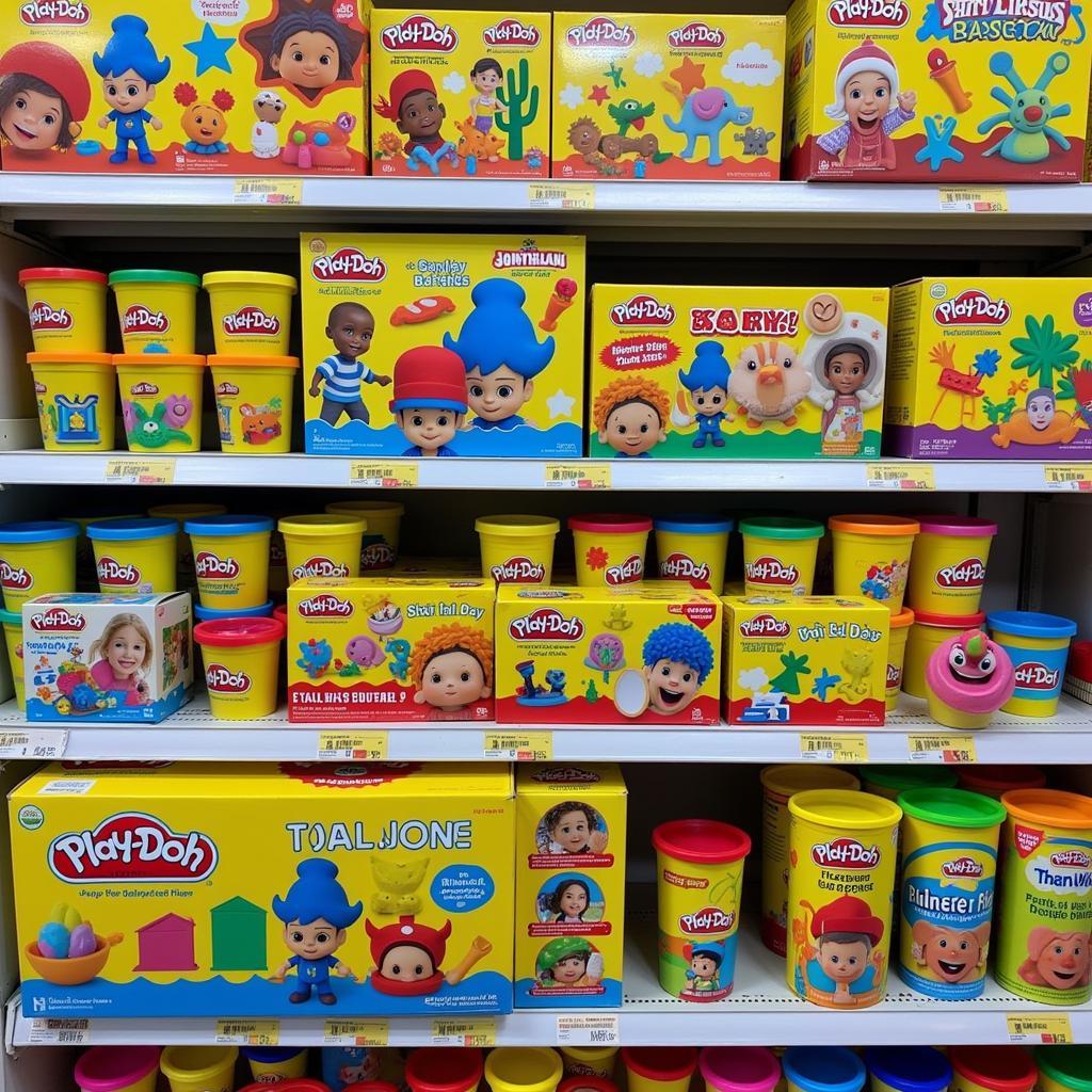 Colorful Play-Doh sets on a store shelf in Pakistan