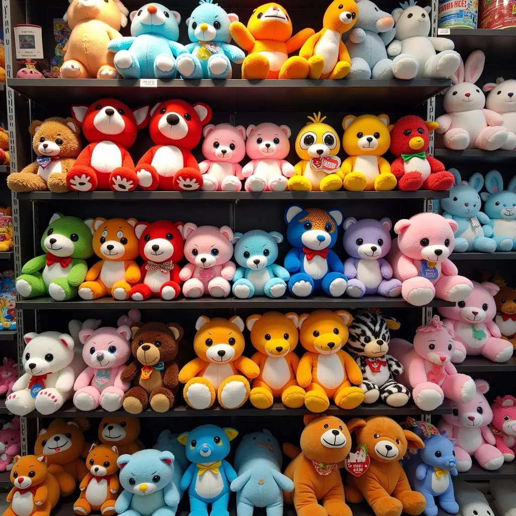 Plush toys arranged on shelves in a Pakistani toy store