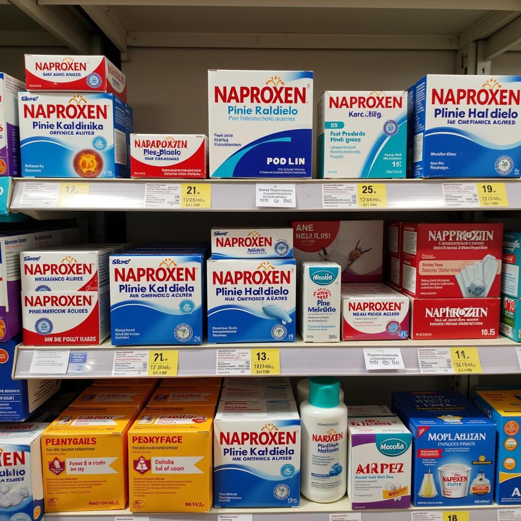 A pharmacy shelf displaying various naproxen brands in Pakistan