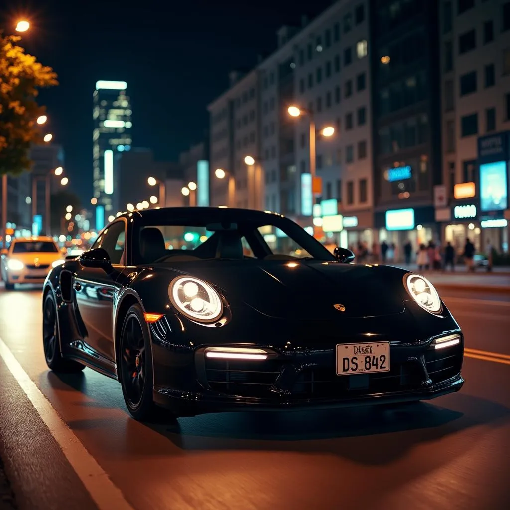 Porsche 911 Turbo S driving through a vibrant city in Pakistan at night