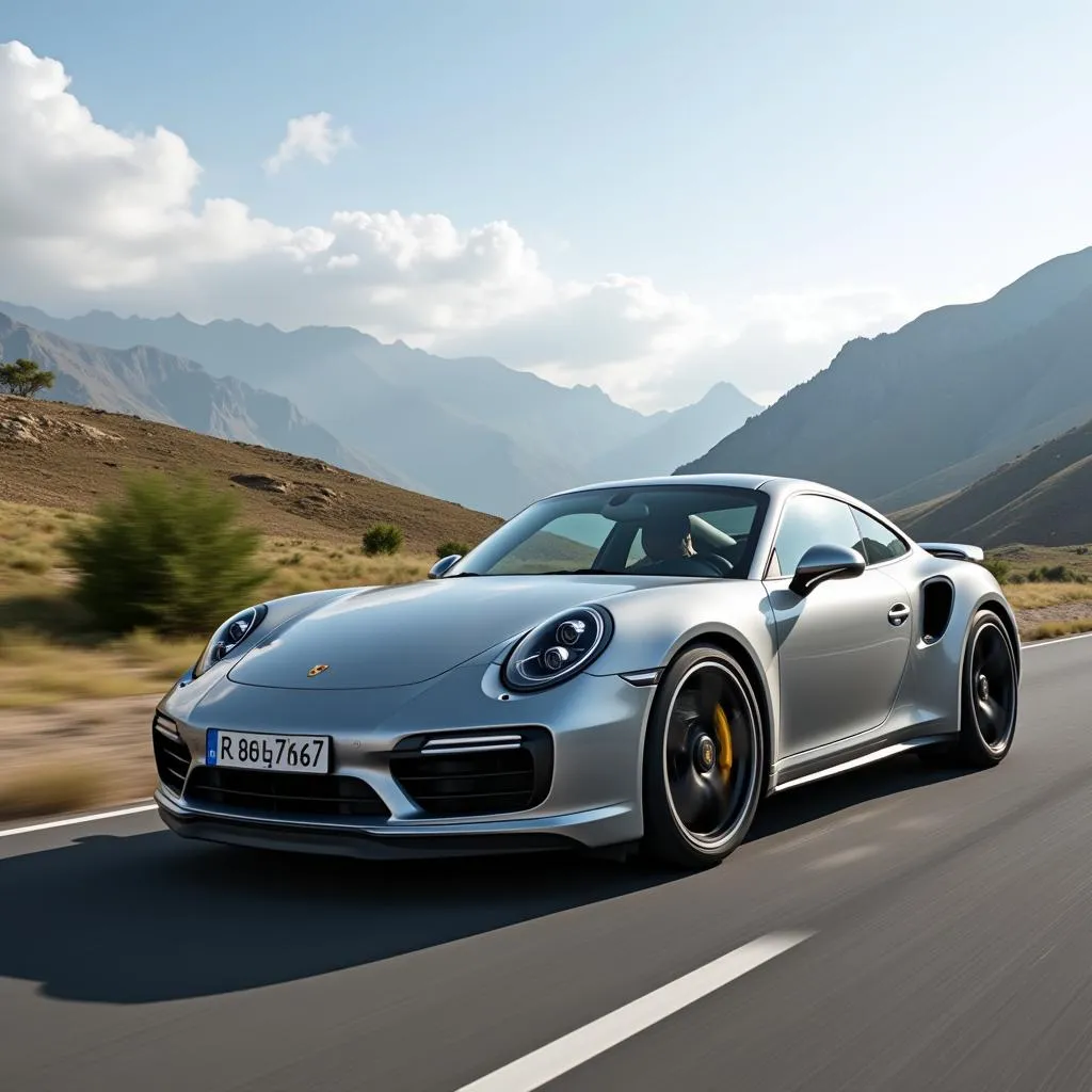 Porsche 911 Turbo S cruising on a scenic road in Pakistan