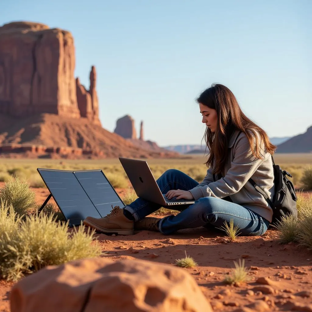 Portable solar panel powering laptop in Pakistan desert