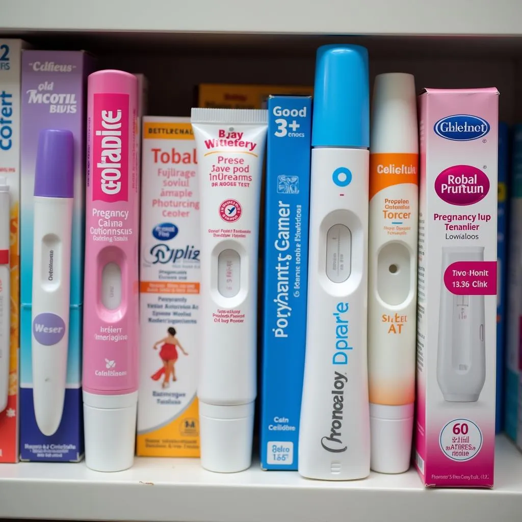 Pregnancy Test Tubes Displayed on a Pharmacy Shelf