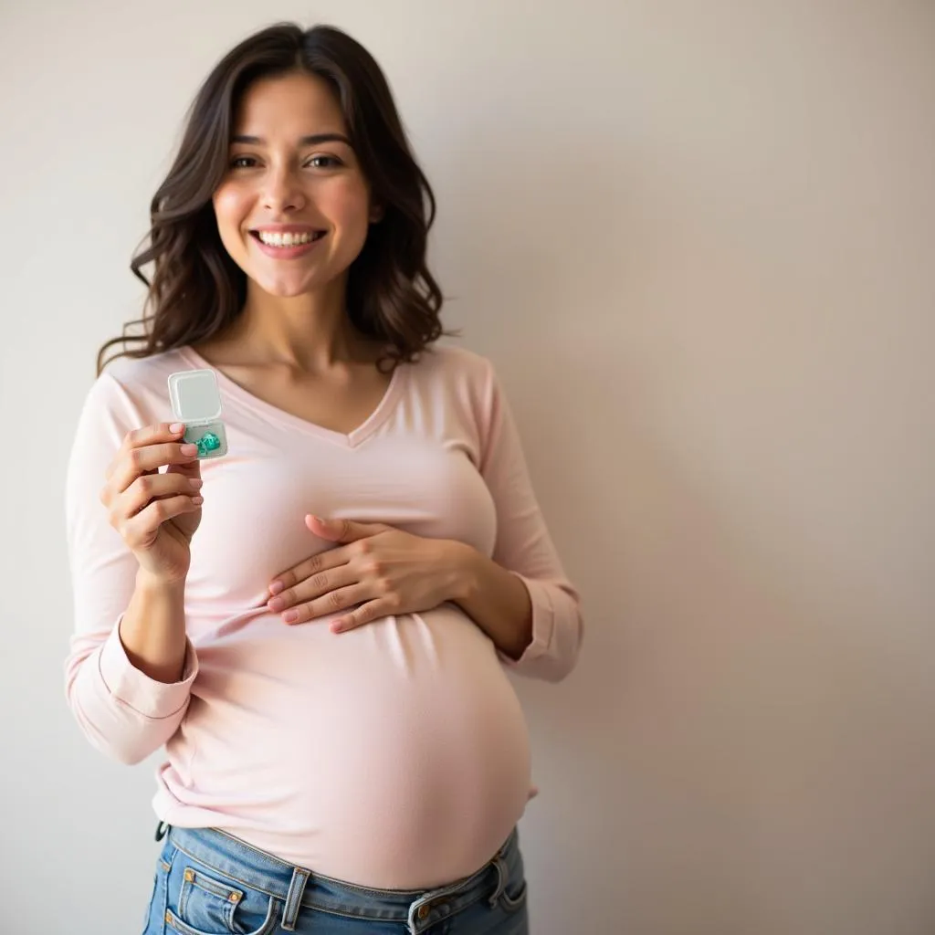 Pregnant woman taking a folic acid tablet