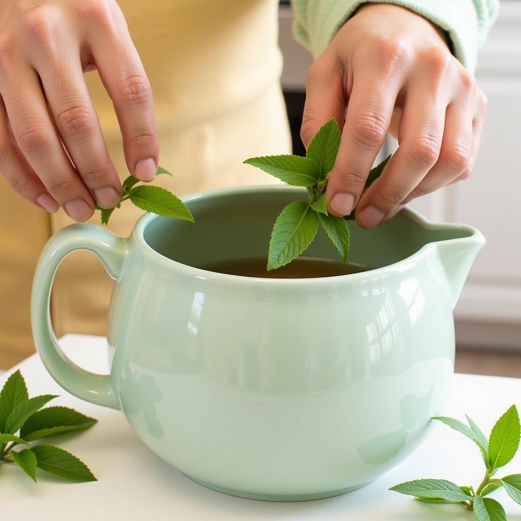 Preparing a cup of lemon balm tea with fresh leaves from the garden