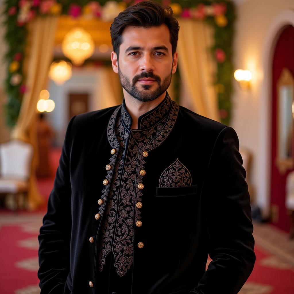 Pakistani man wearing a black prince coat at a wedding