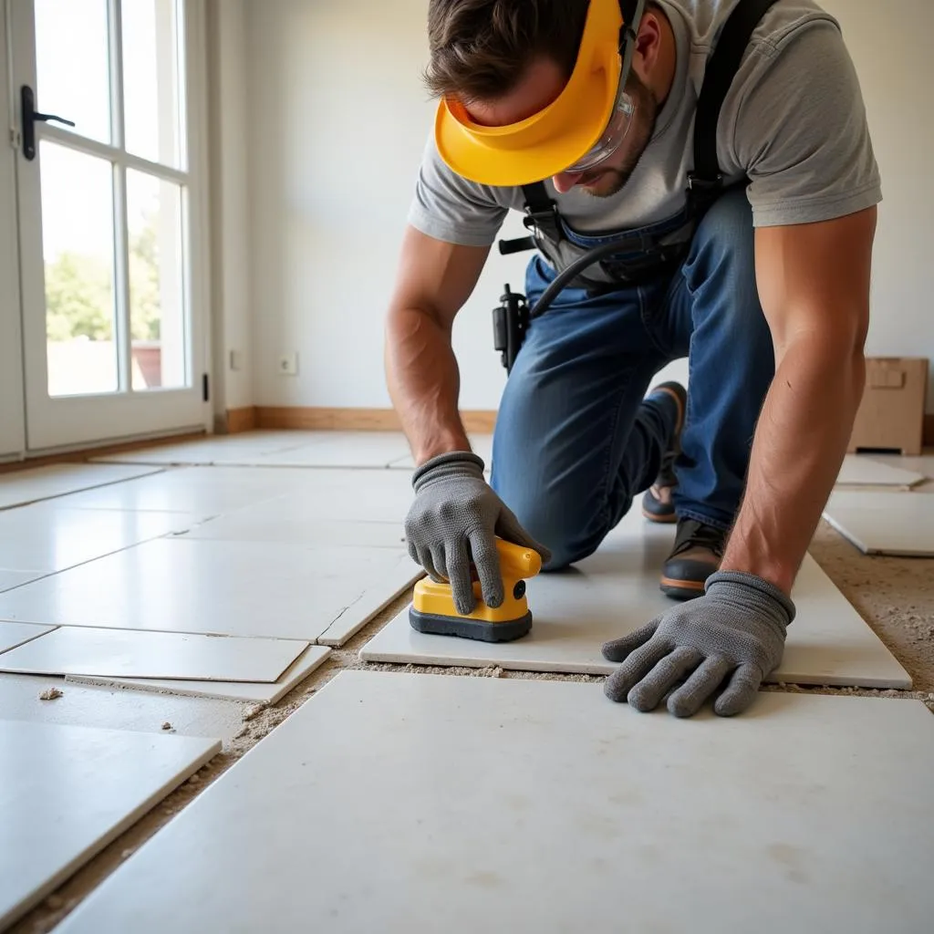 Skilled tile installer meticulously laying floor tiles