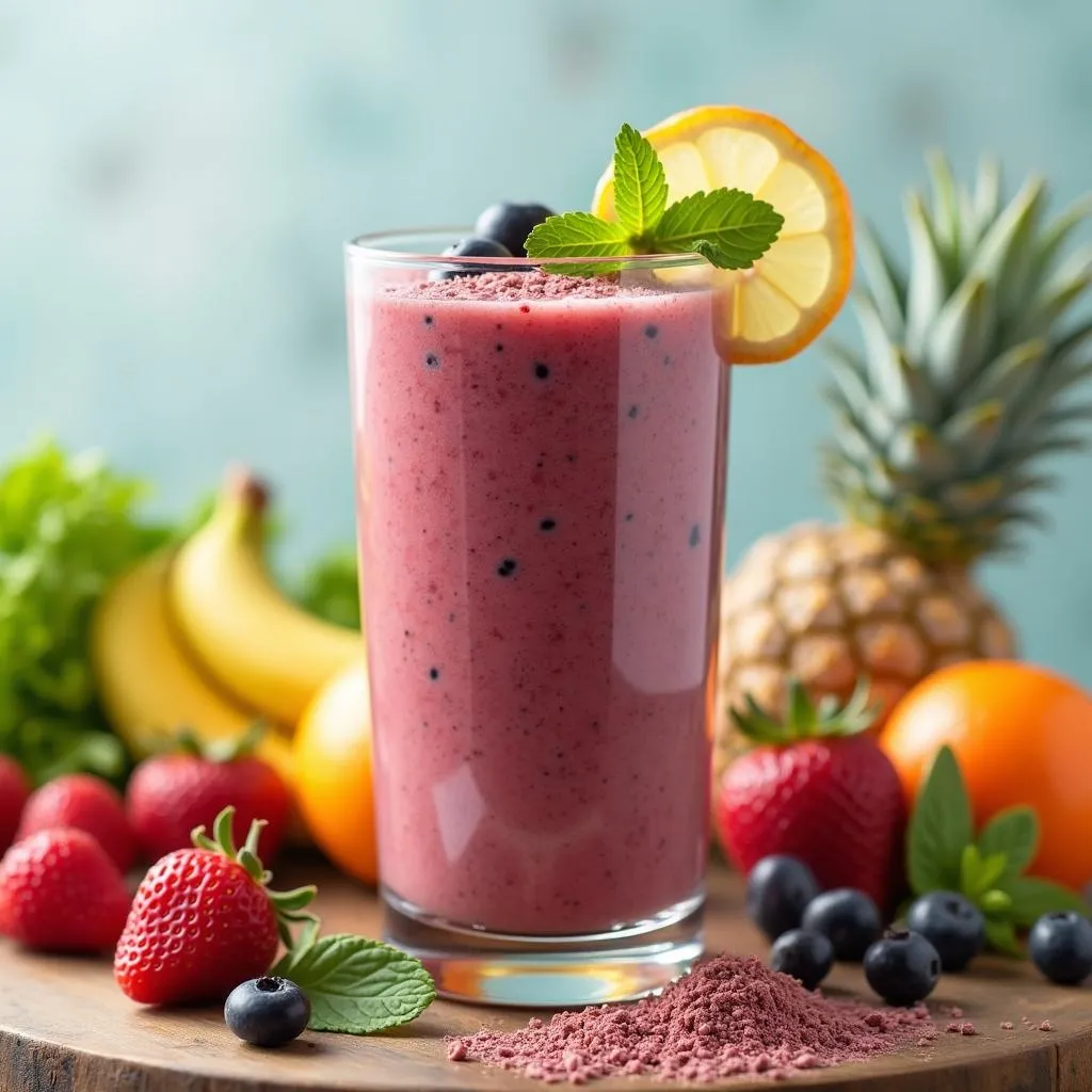 A protein powder smoothie with fruits and vegetables