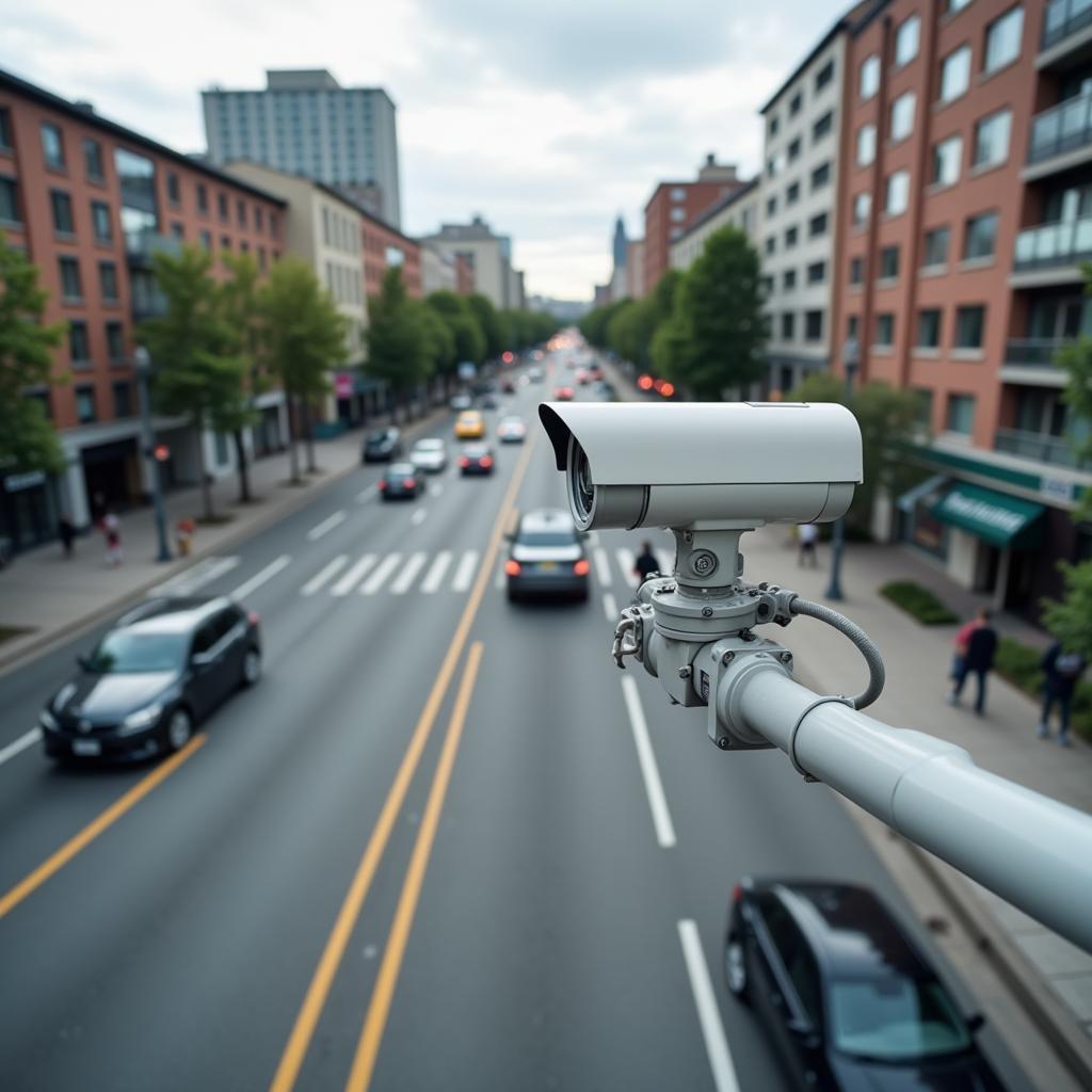 PTZ camera used for traffic monitoring in a busy city intersection