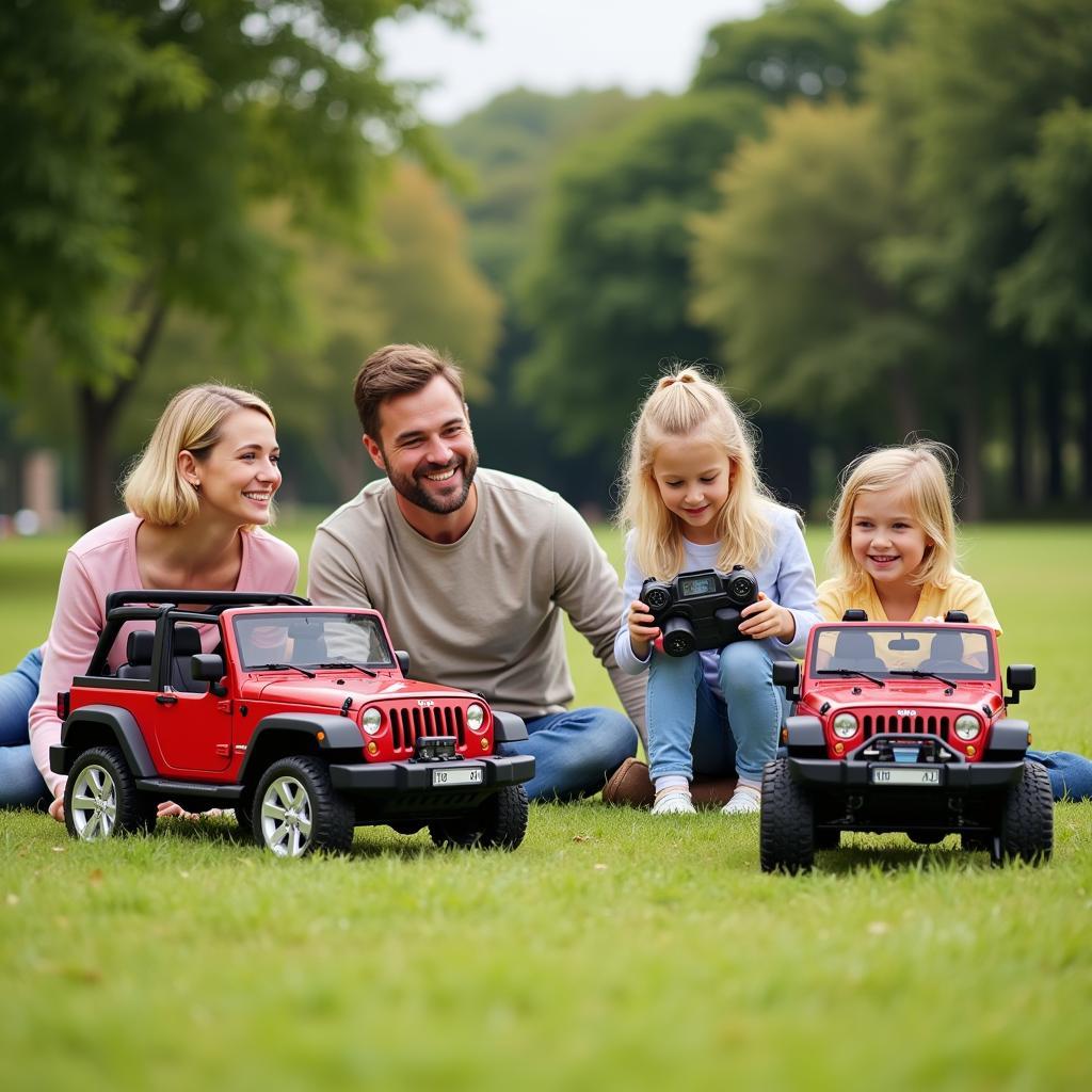 Family enjoying remote control jeeps in a park