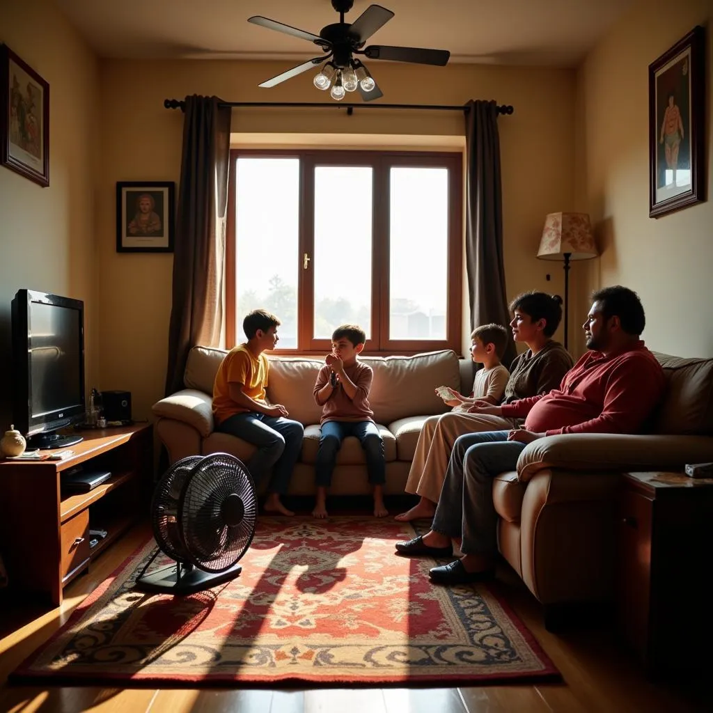 Family in Pakistan staying cool with a rechargeable fan