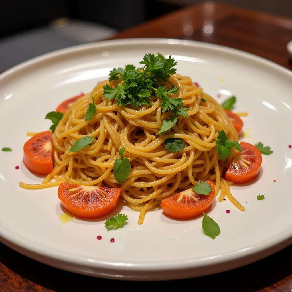 Rice noodle dish served in a Pakistani restaurant