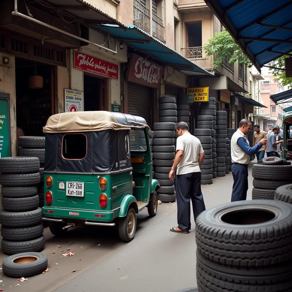 Busy rickshaw tyre shop in Lahore