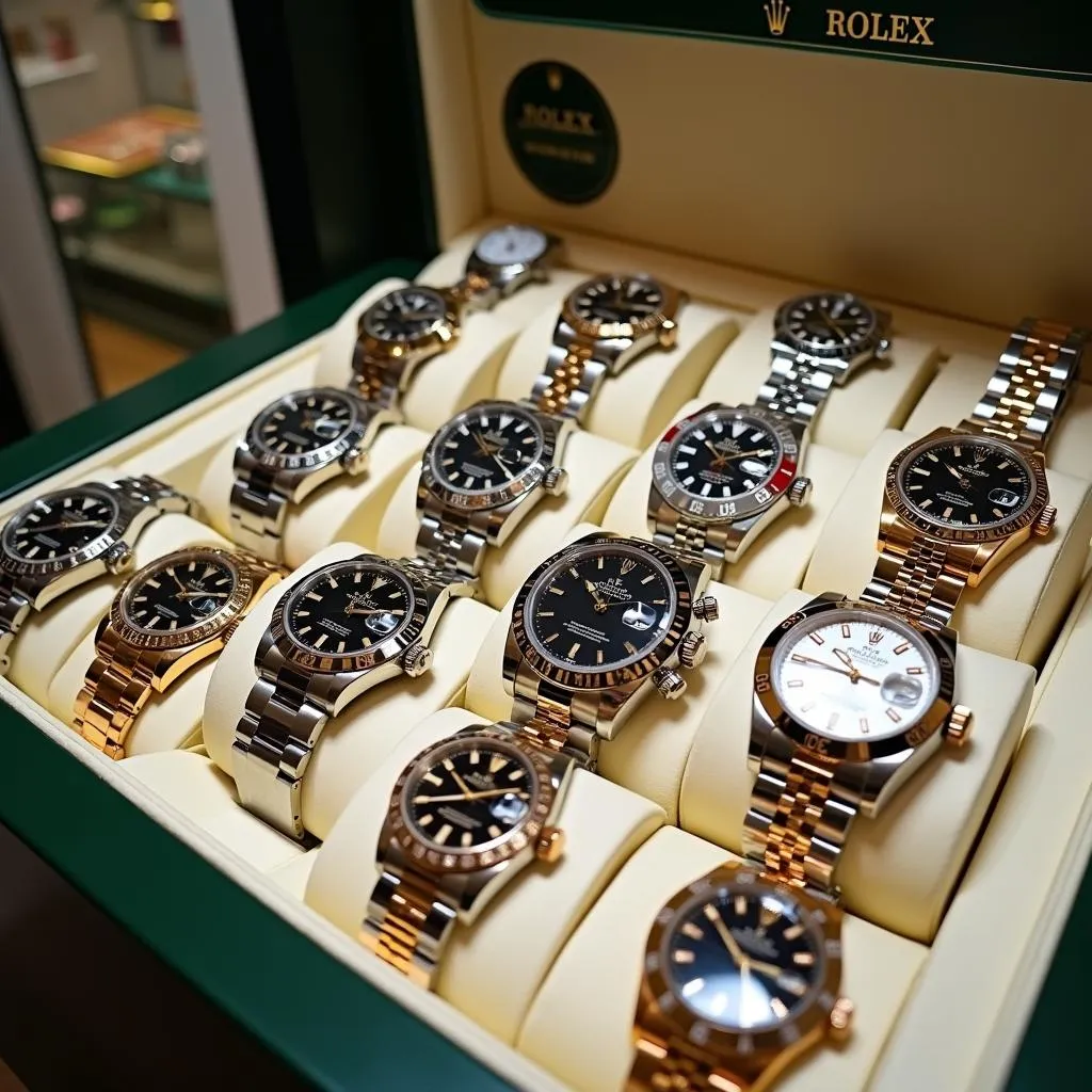 Rolex watches on display at a luxury watch boutique in Pakistan