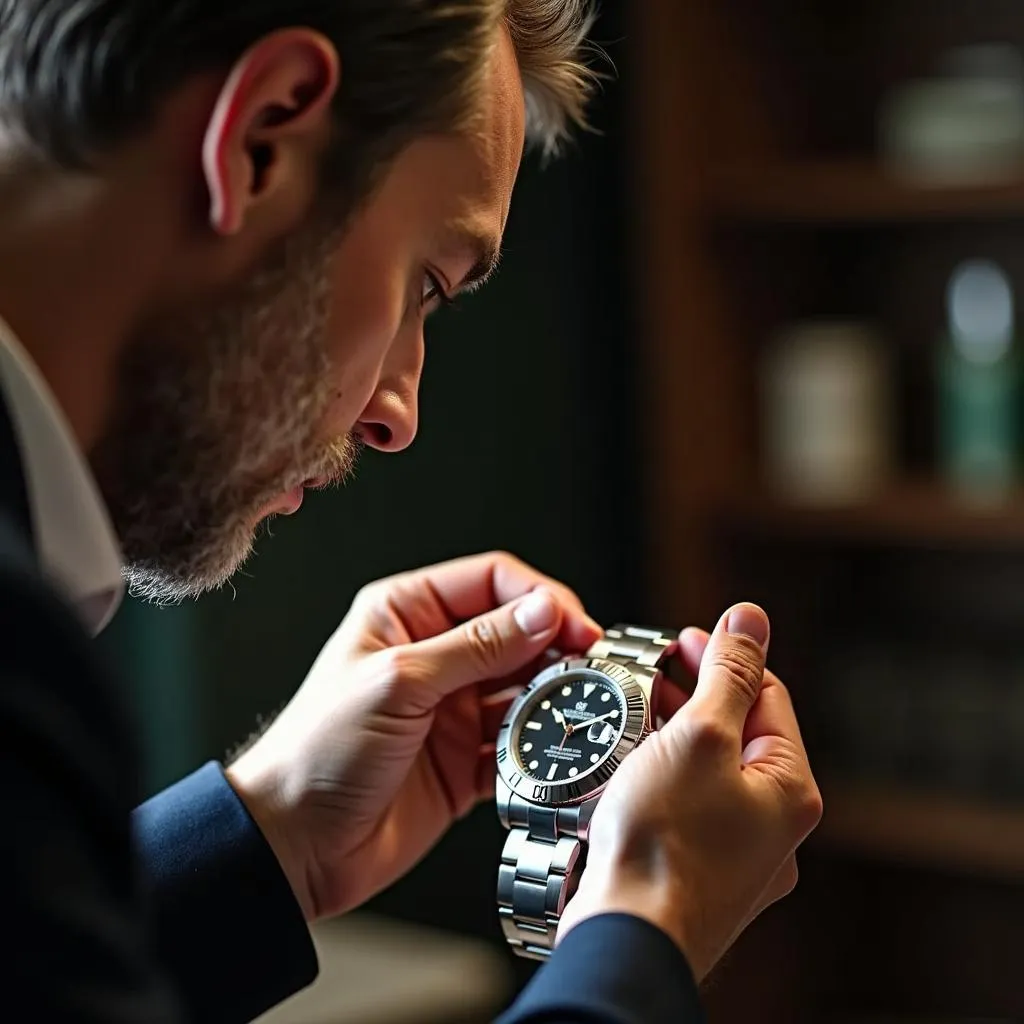 A Rolex watch expert inspecting a watch