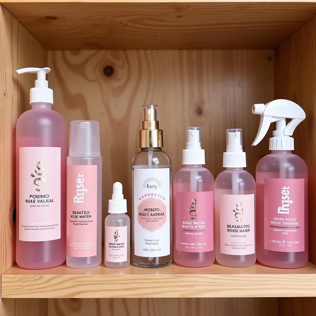 Rose water spray bottles on a wooden shelf