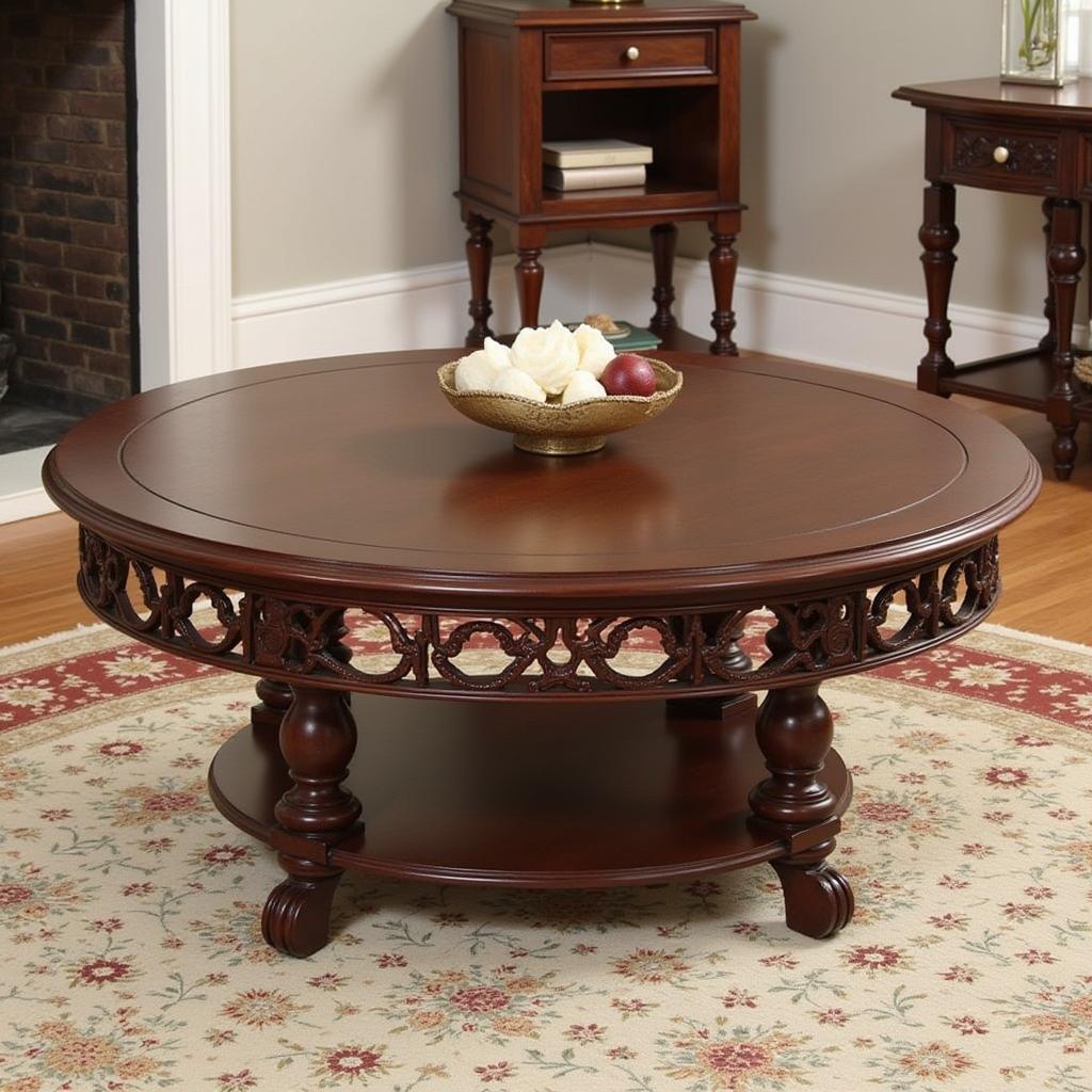 Round Coffee Table in Pakistan with Wooden Carved Design