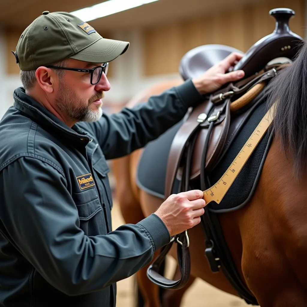 Saddle fitting expert: An experienced saddle fitter examining the fit of an English saddle on a horse.