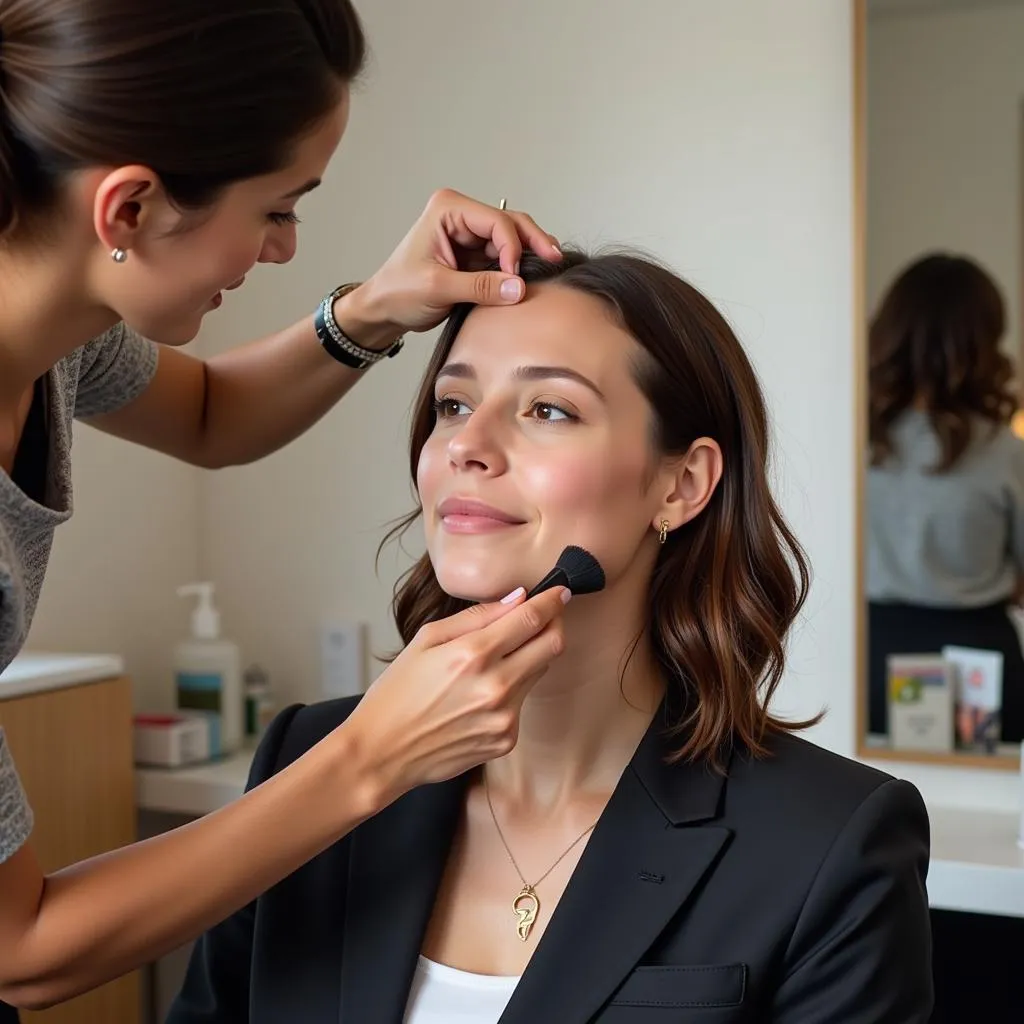 A modern hair salon with a stylist applying a keratin treatment to a client's hair.