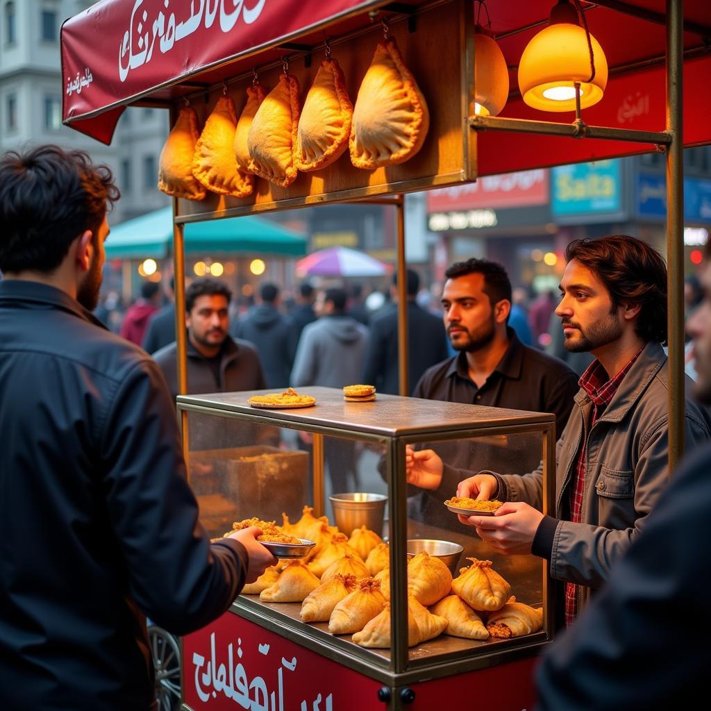 Samosa vendor selling street food in a bustling Pakistani market