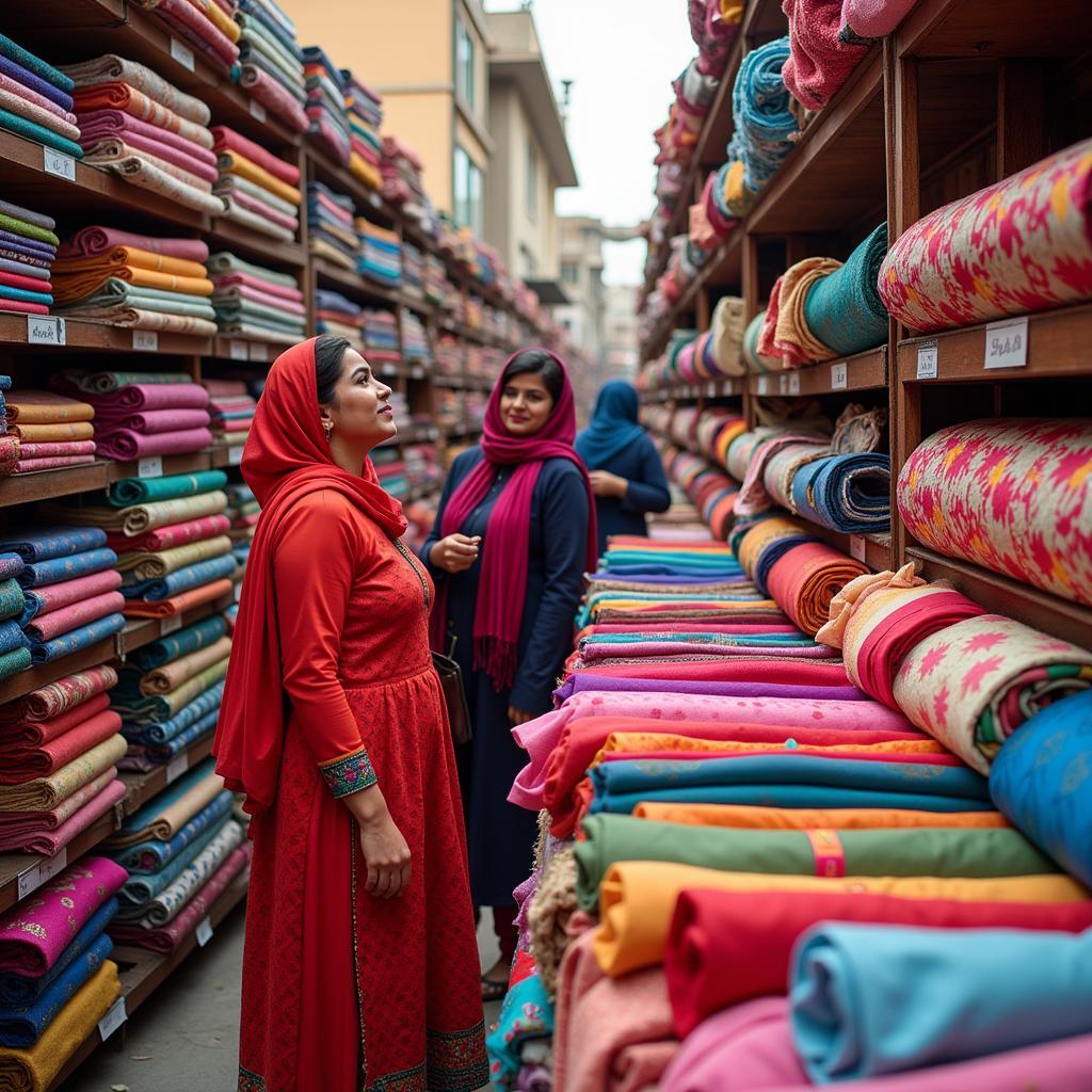 Pakistani women browsing unstitched fabric at a sapphire sale