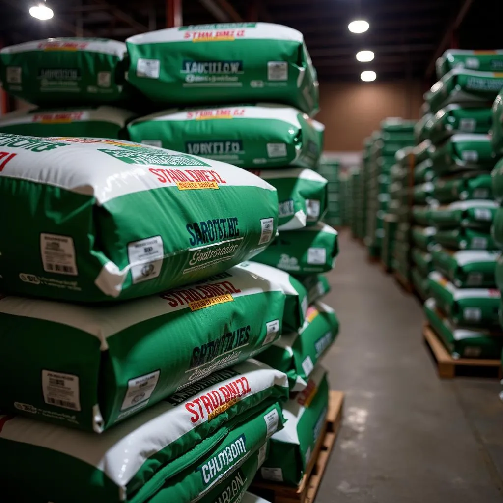 Sarsabz Nitrophos fertilizer bags stacked in a warehouse