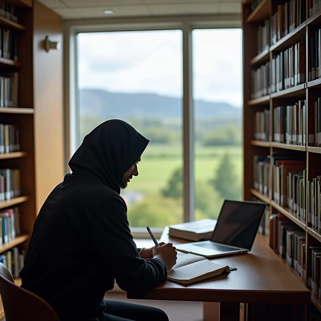 Pakistani student studying in a modern library in Scotland