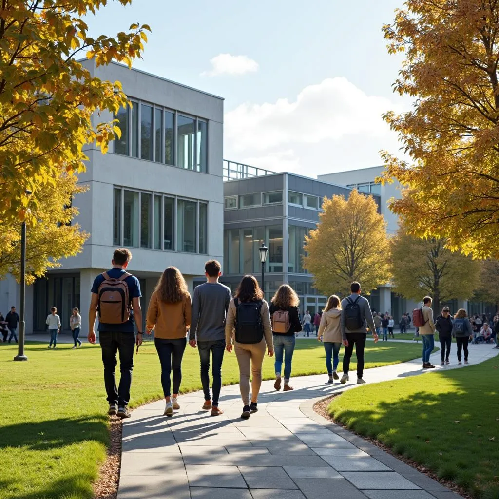 Students walking on a vibrant university campus in Scotland