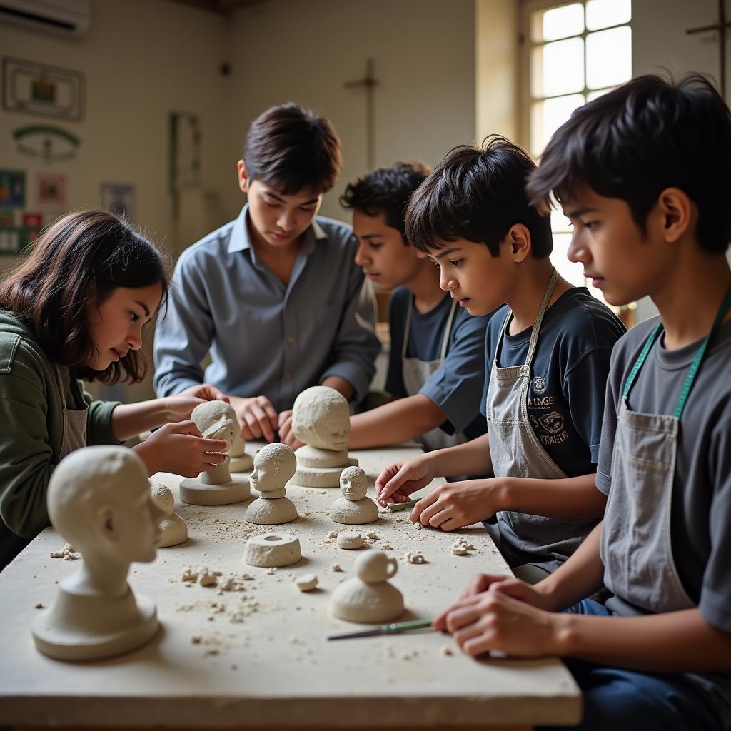 Students learning sculpting techniques in a Lahore art studio