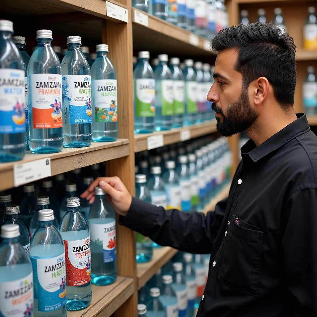 Shopkeeper Selling Zamzam Water Bottles