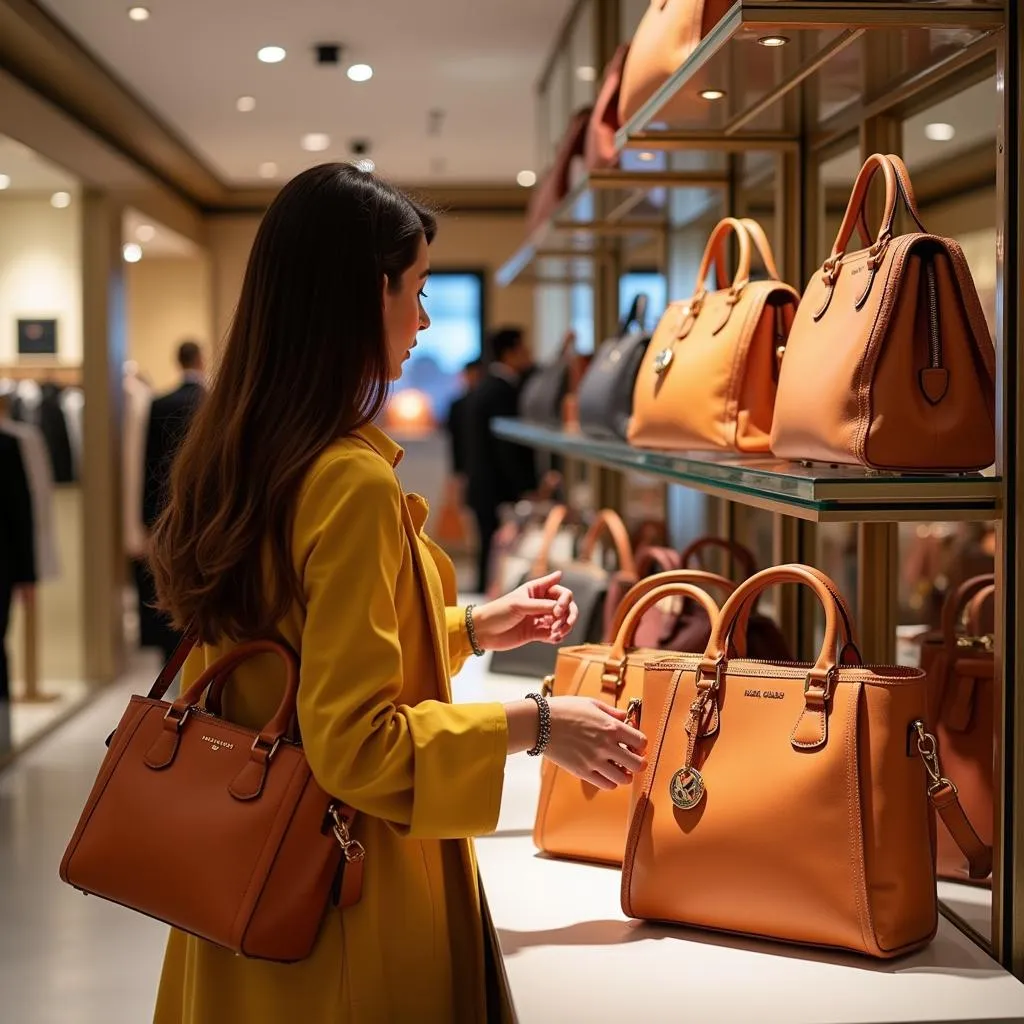 A woman browsing MK bags in a luxury store in Pakistan.