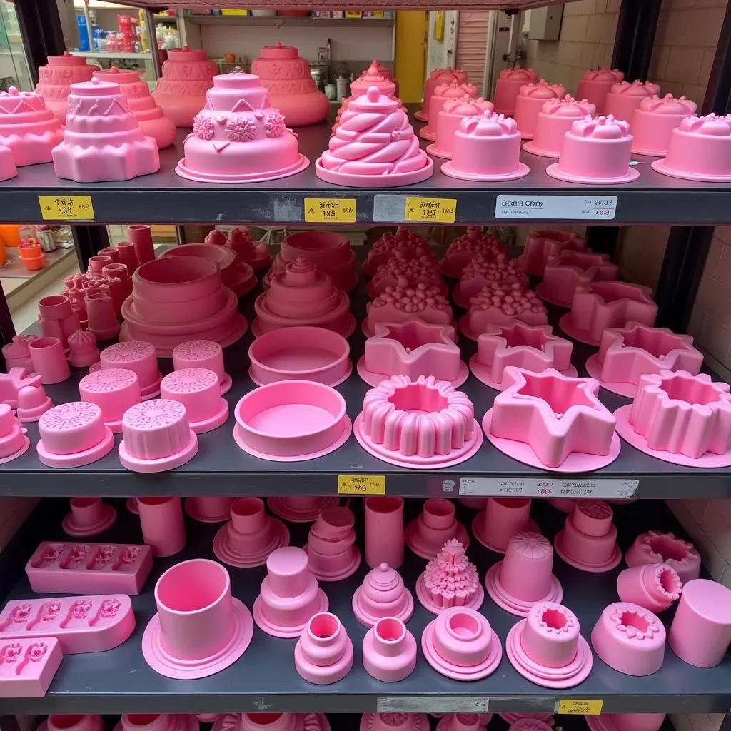 Colorful silicone cake molds displayed in a Pakistani shop