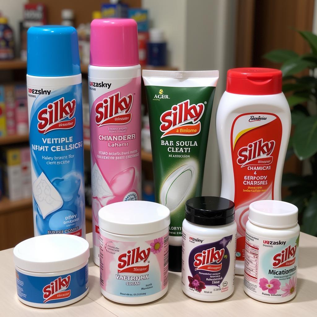 Silky bleach cream and powder products displayed on a shelf in Pakistan