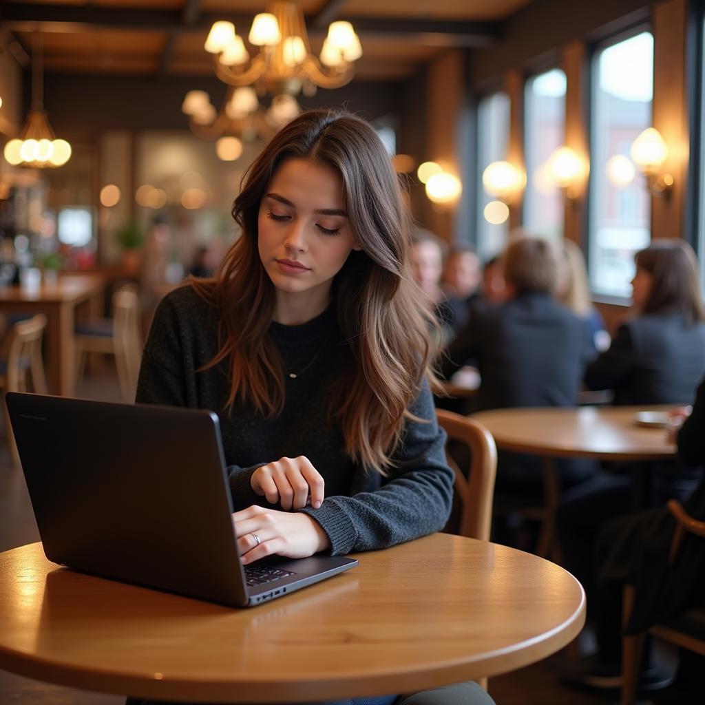 Student using a small laptop in a cafe