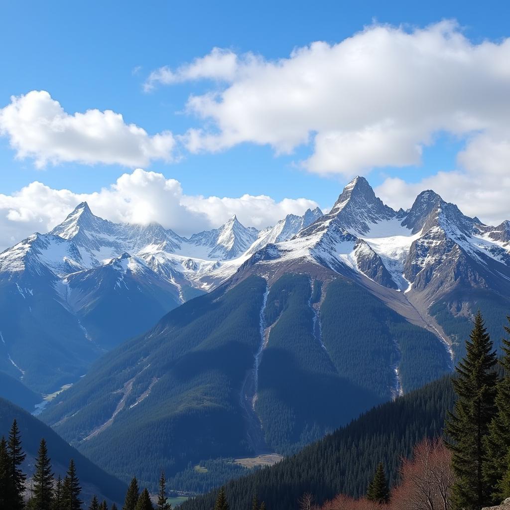 Majestic snow-capped peaks piercing the sky in northern Pakistan.