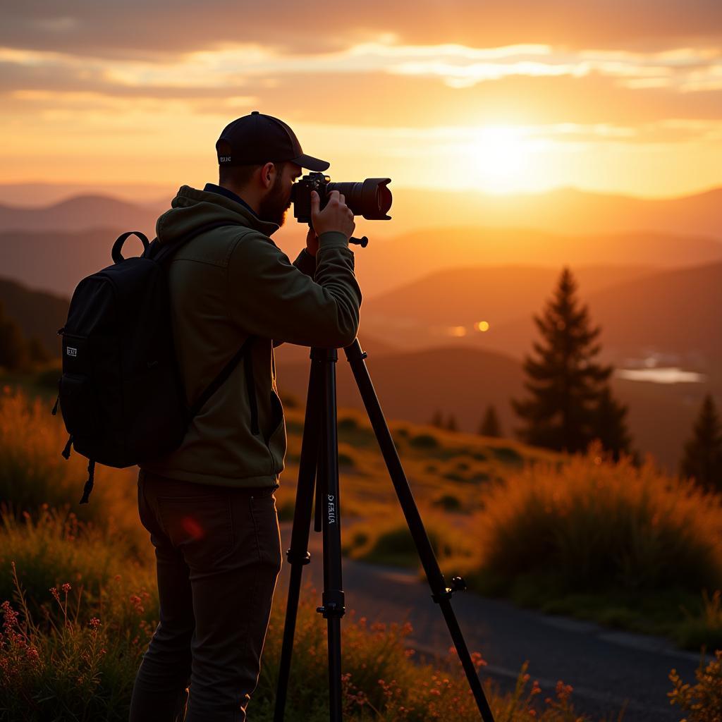 A photographer using the Sony a7 III to capture a stunning landscape during golden hour.