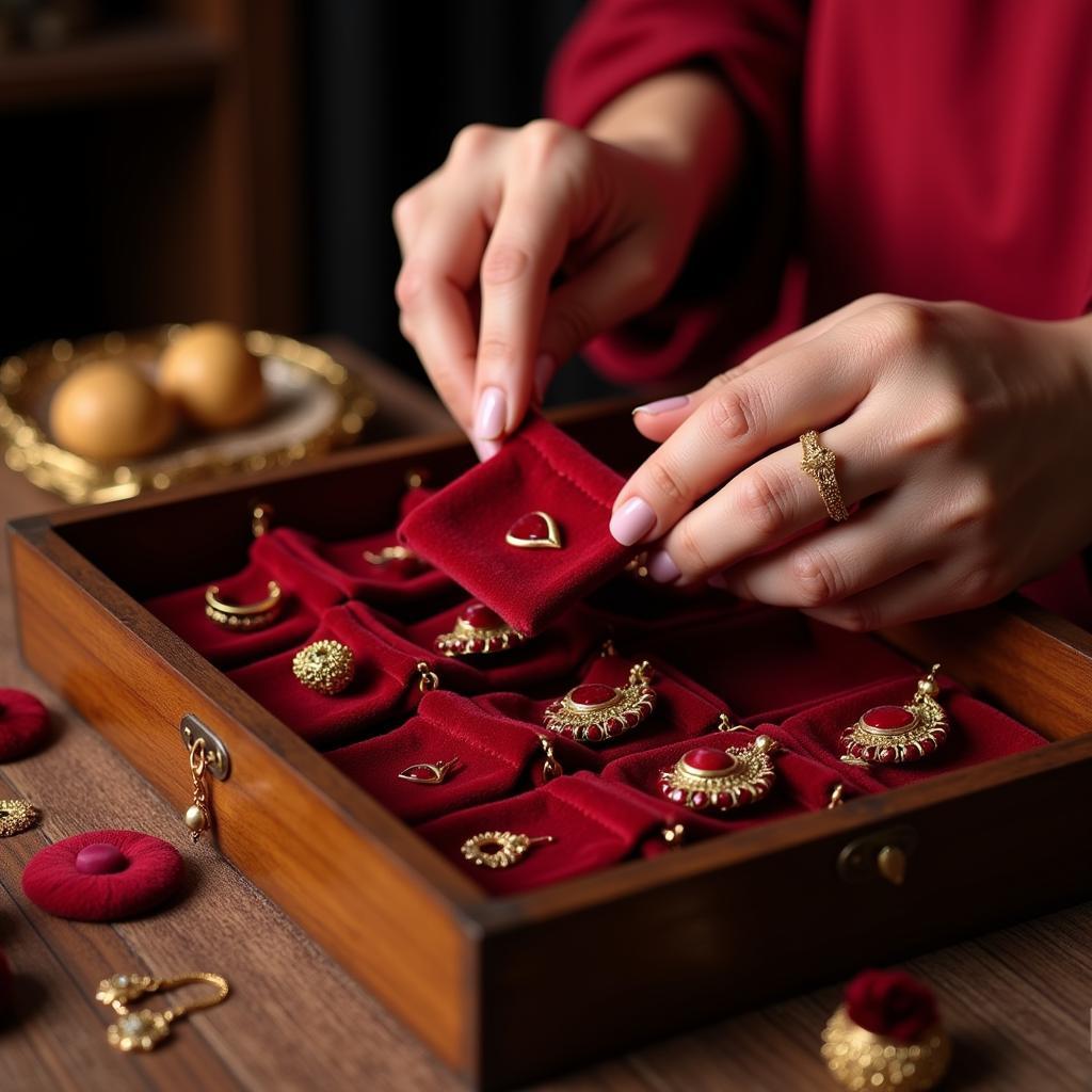 A woman carefully storing her chandi jewellery in individual velvet pouches inside a jewellery box