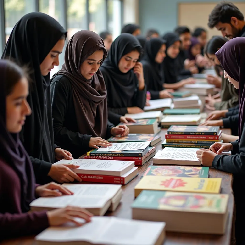 Students Browsing Cambridge Books at a Sale