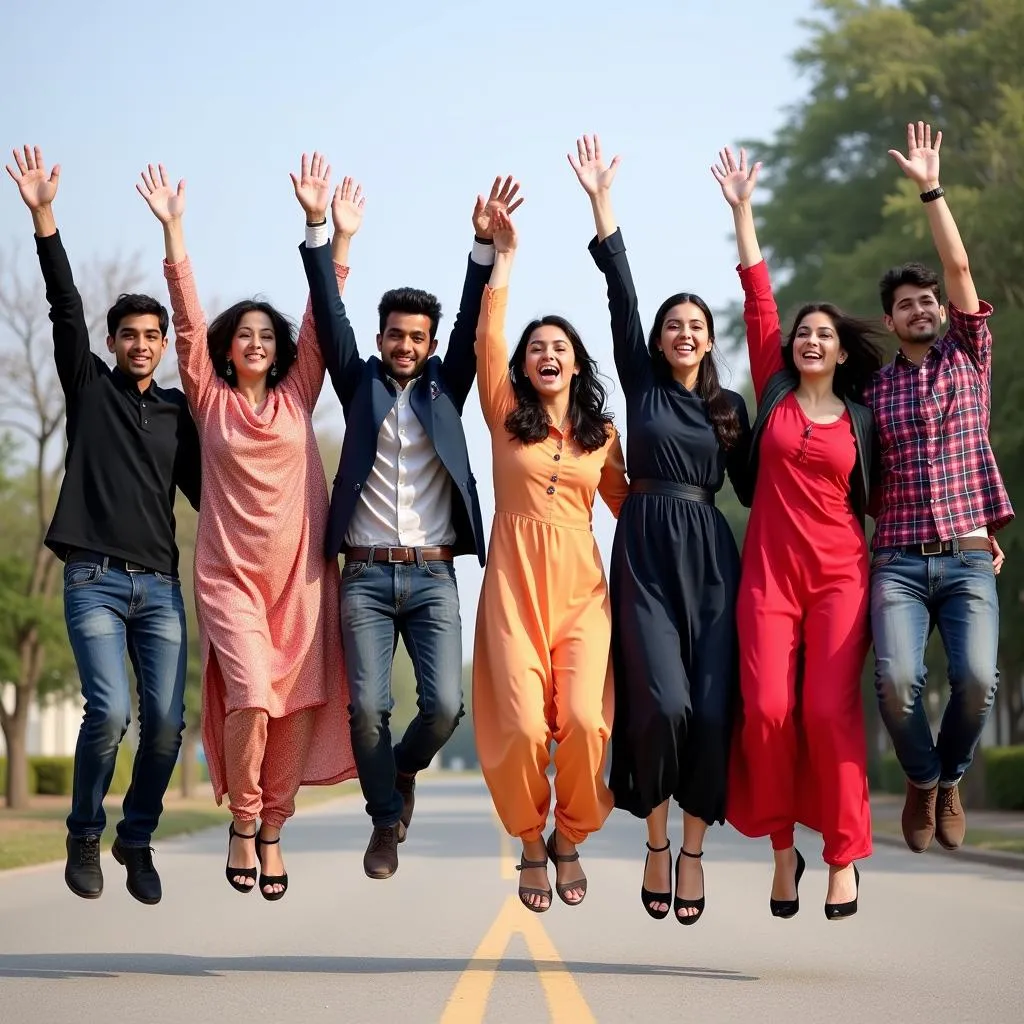 A group of Pakistani students jumping for joy after seeing their 12th class results