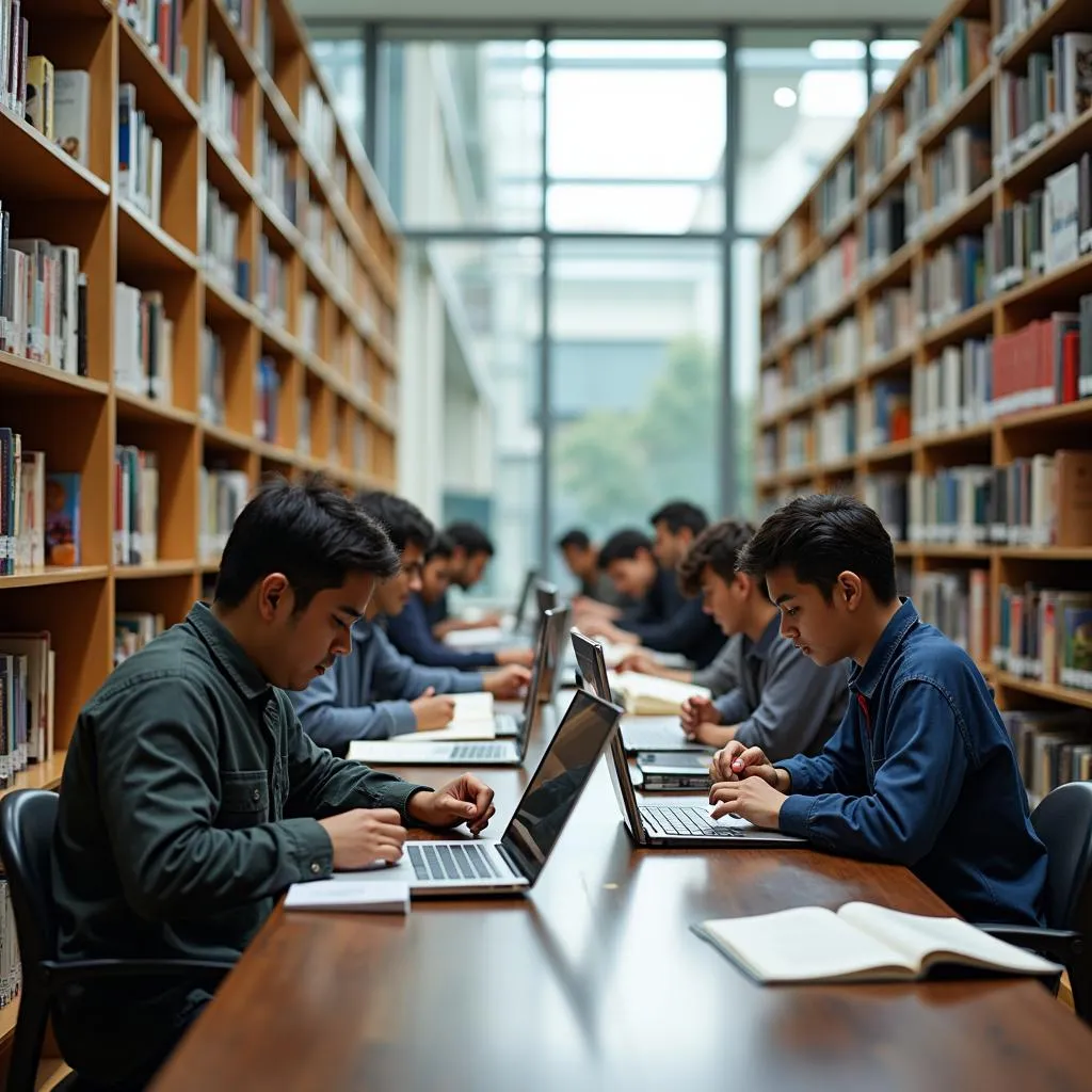 Students conducting research in a university library