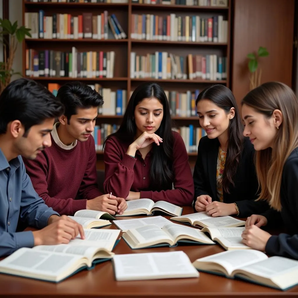 Group of Pakistani students engrossed in studying LLB textbooks