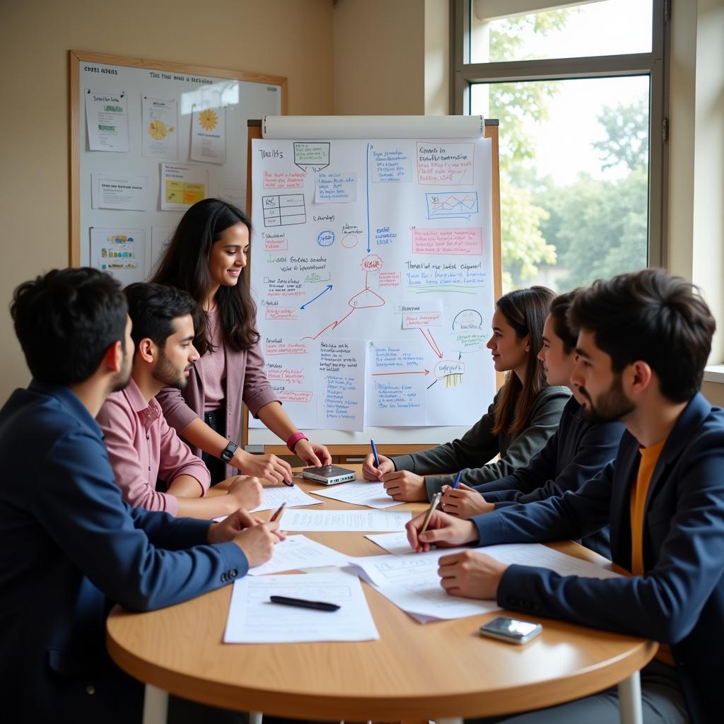 Pakistani students working on a project using chart paper