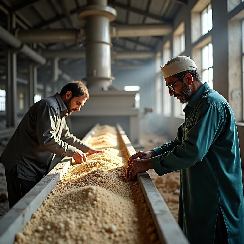 Workers operating machinery in a Pakistani sugar mill