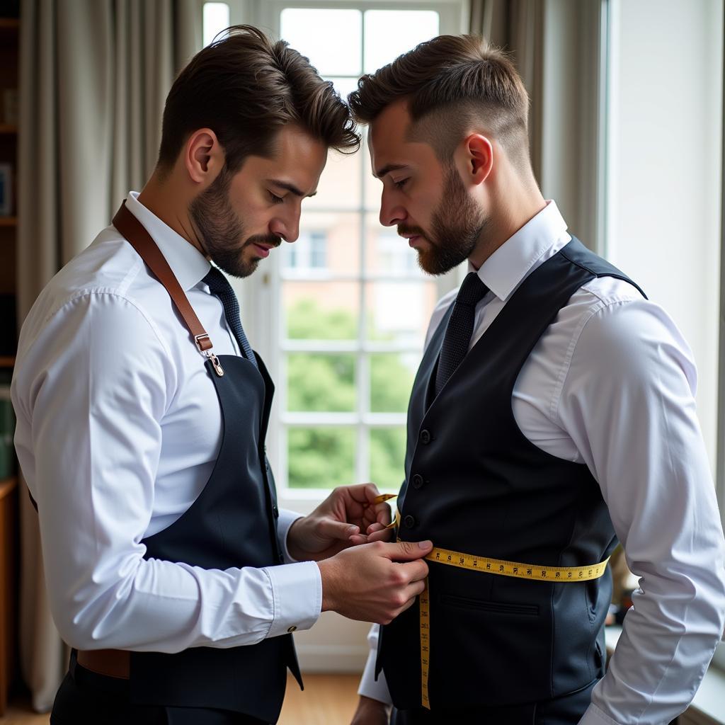 A tailor measuring a man for a custom-fit outfit