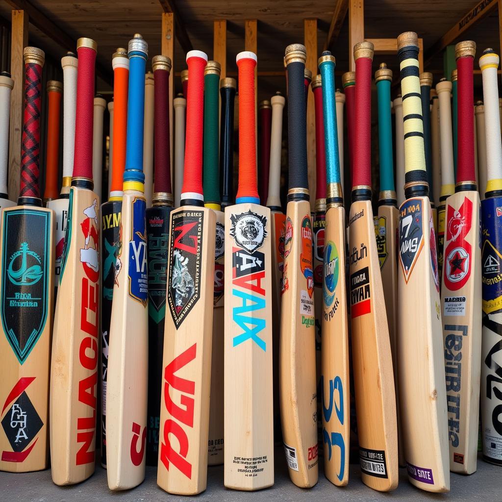 Tape ball bats on display in a Pakistani market