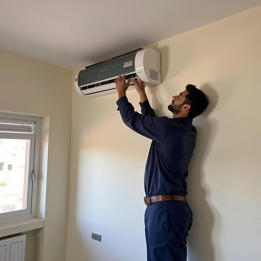 Technician Installing 2-Ton Inverter AC in Pakistani Home