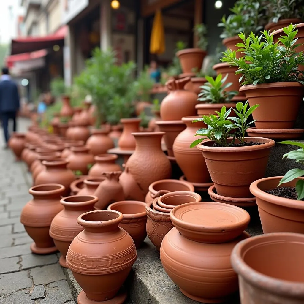 Terracotta pots on display in a Pakistani market