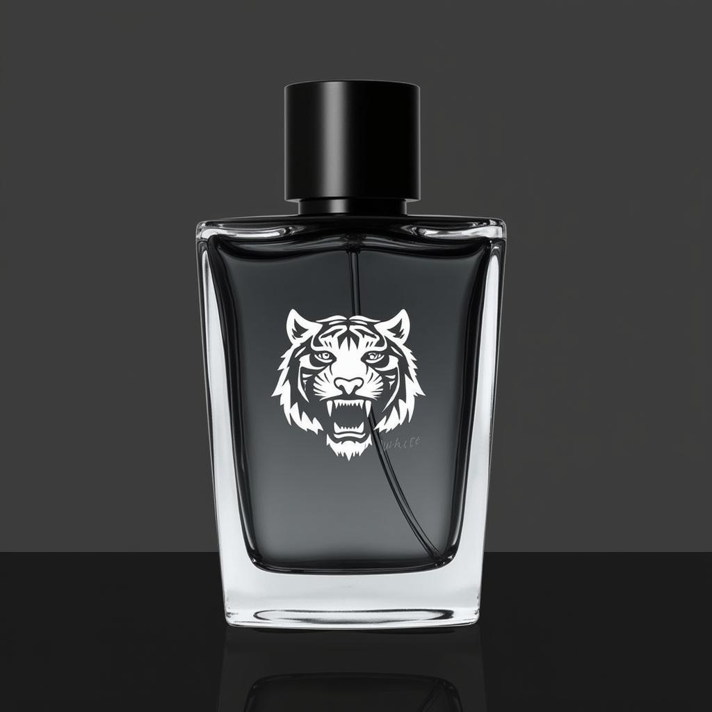 Close-up of a Tiger White perfume bottle