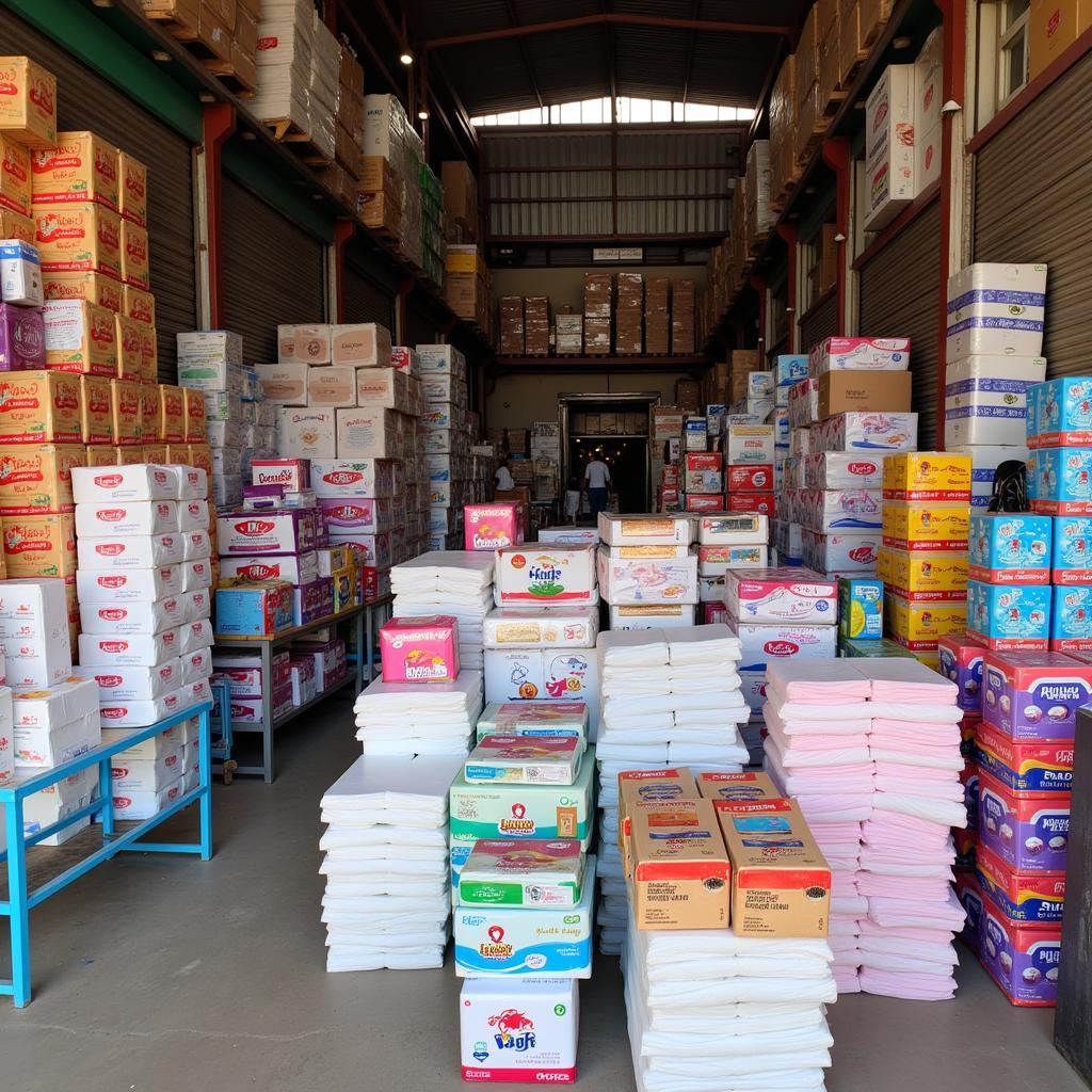 Wholesale tissue paper products stacked high in a warehouse in Pakistan